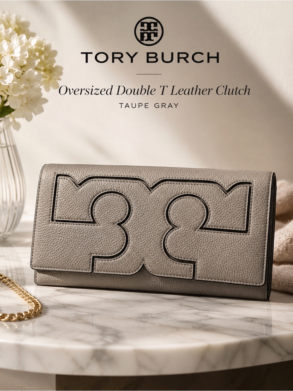 Tory Burch Oversized Double T Leather Clutch Taupe Gray + Dust Bag